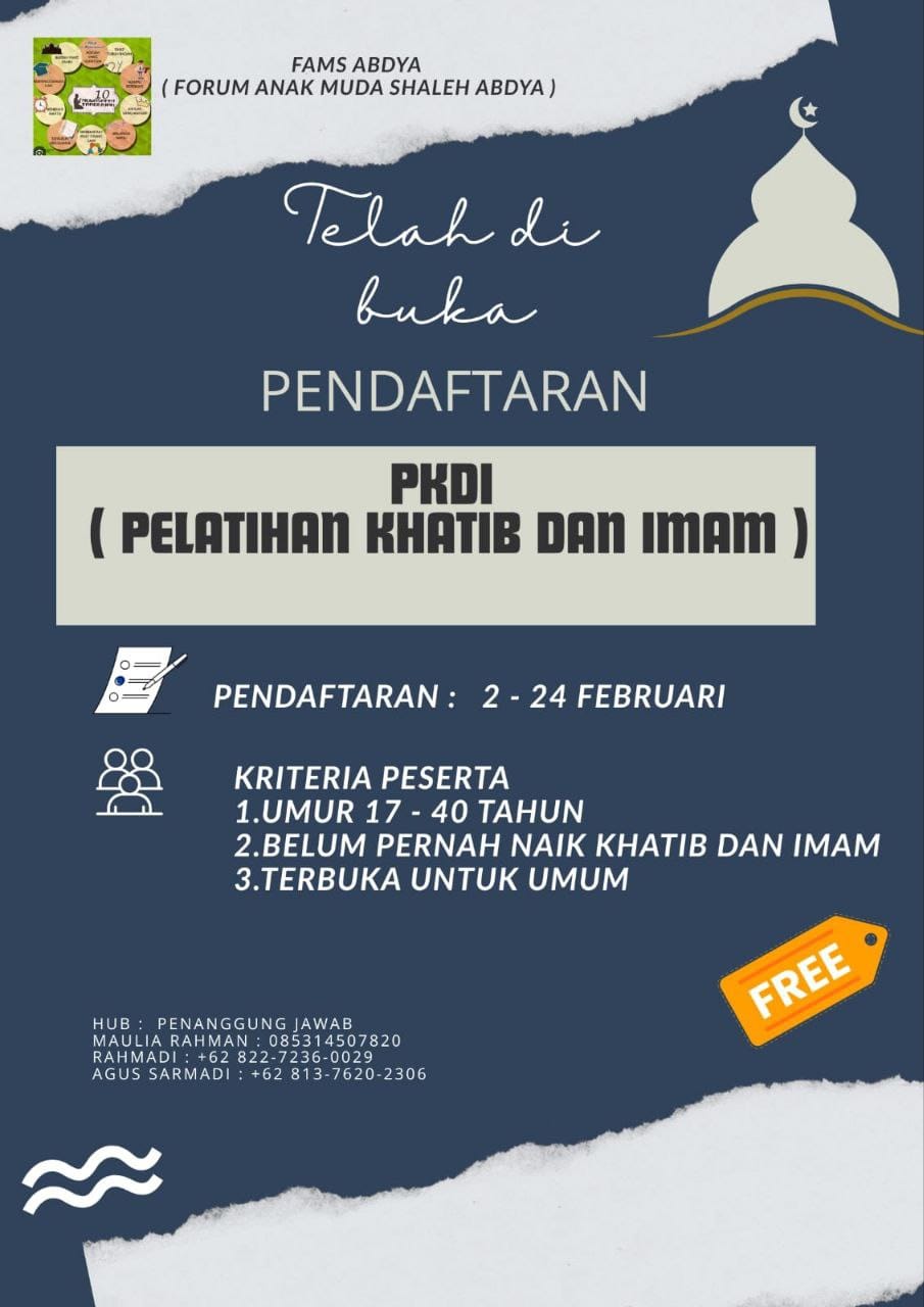 Pelatihan Khatib dan Imam Abdya, FAMS Abdya, pendaftaran PKDI 2026, kursus dakwah gratis, pembinaan imam muda, Forum Anak Muda Shaleh, jadwal pelatihan khatib, syiar Islam Aceh Barat Daya, kompetensi imamah, literasi keagamaan pemuda